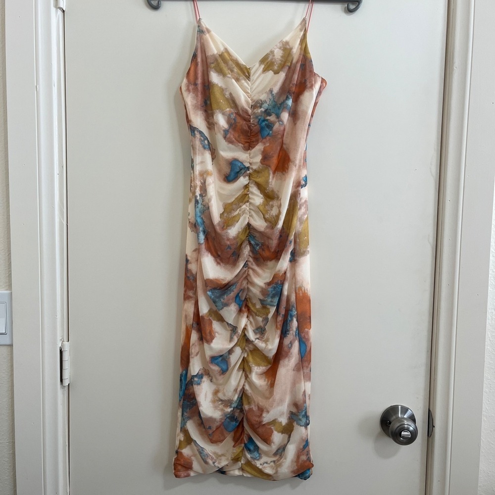 Blanc Clothing Women Abstract Ruched Sheer Mesh Overlay Dress Small‎ Bodycon Y2K